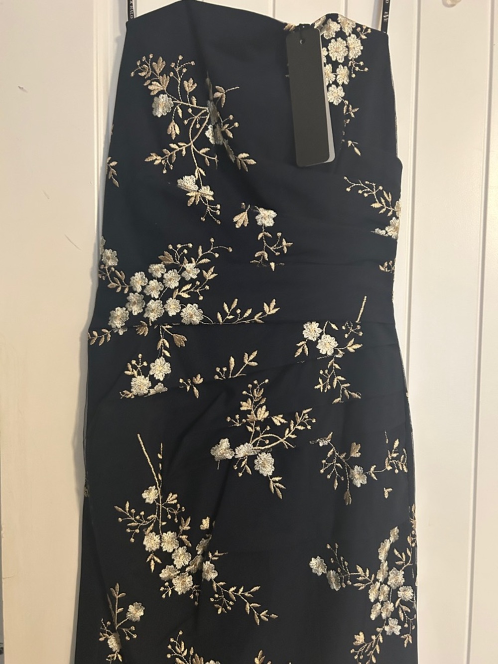 Black Halo Strapless Black Dress with Gold & White Floral Embroidery